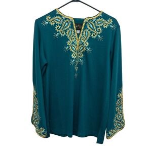 Bob Mackie Wearable Art Embroidered‎ Top S Teal Boho Indie Artistic Statement